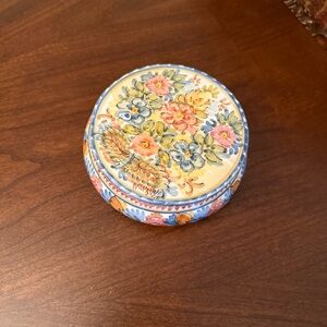 Vintage Sevillarte Hand-painted Floral Ceramic Trinket Jewelry Box Made in Spain